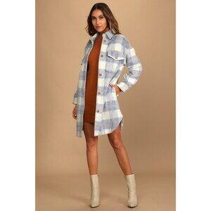 Lulus Warmest Winter Blue Multi Plaid Wool Jacket - Size L